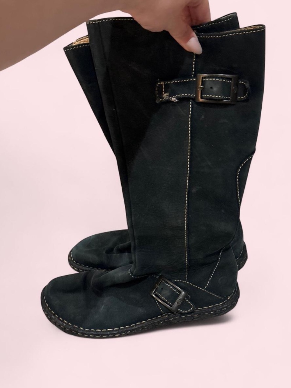 Born Black Suede Mid-Calf Boots with Buckle Trim